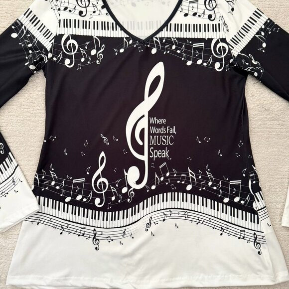 Music Notes Long Sleeve Top Size M Black White V Neck Piano Keys Print - Picture 2 of 9